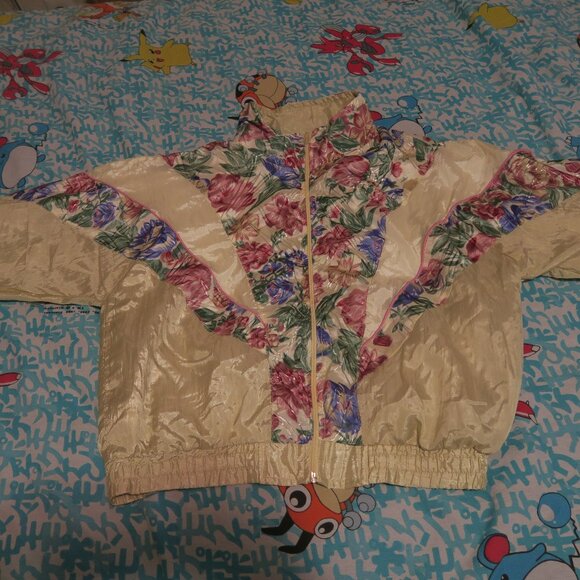 VTG 90s Active Stuff Track Jacket Windbreaker Floral Zip Size Medium Ivory Multi - Picture 1 of 7